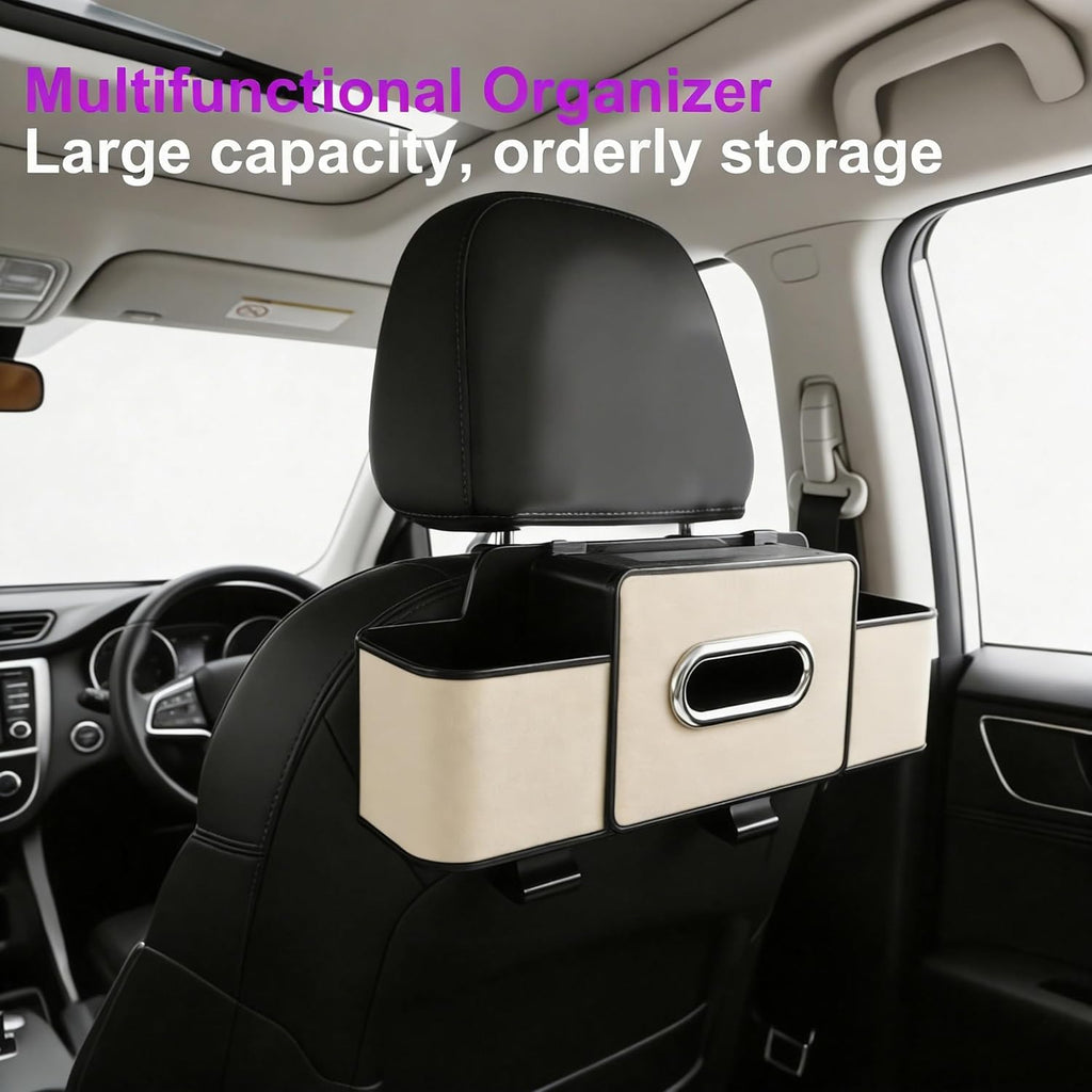Back Seat Car Organizer, 4+2 in 1 Multifunctional Car Backseat Storage Box with 4 Cup Holders Tissue Box Hook, Car Interior Storage for Travel Phones Snacks Drinks(Beige)