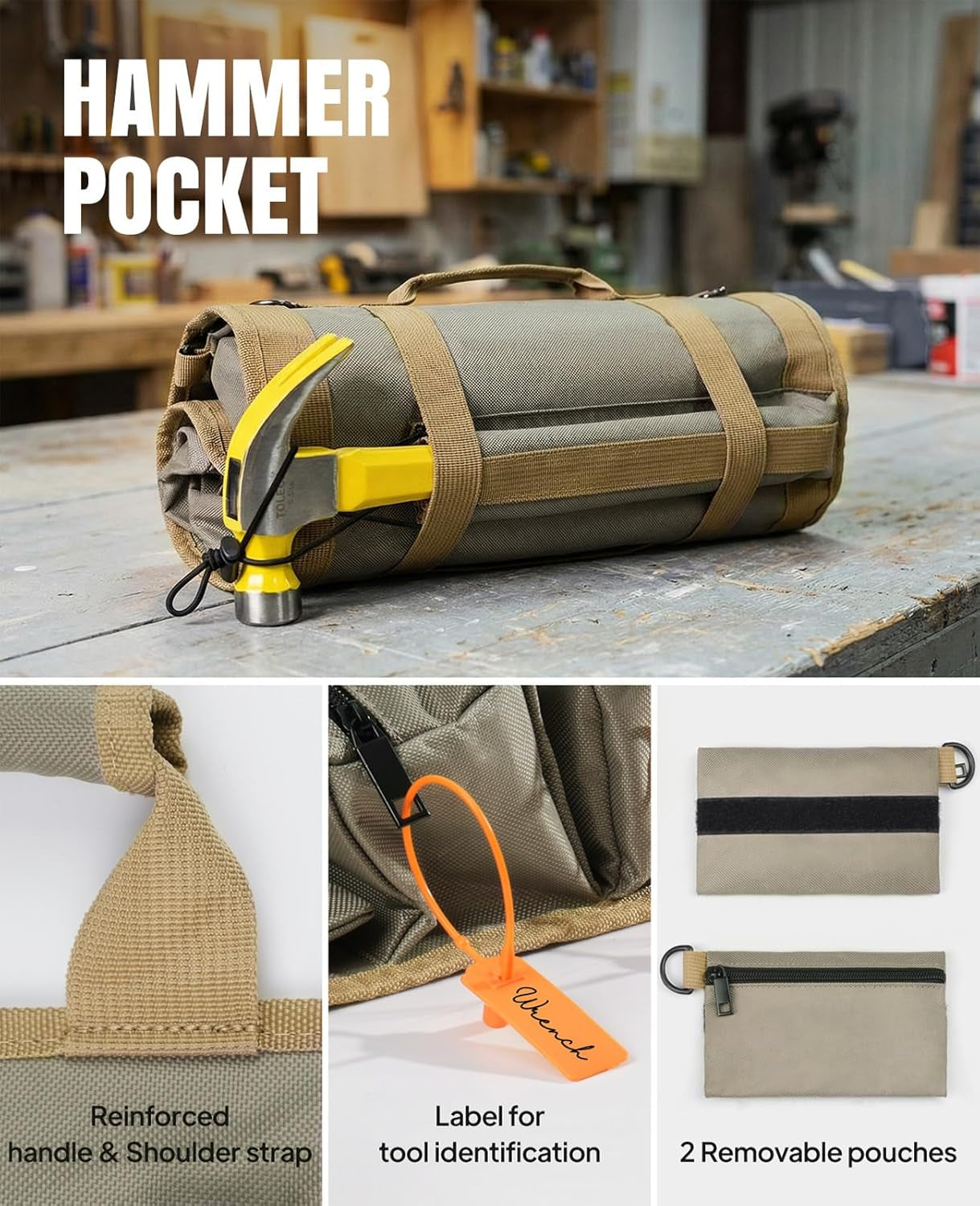 Tool Roll up Bag, 1680D Heavy Duty Tool Bag Organizer with 2 Detachable Tool Pouches & Multiple Pockets, Waterproof Motorcycle Tool Roll for Mechanic & Electrician, Gift for Men Him Dad, 21.9"*14.2"