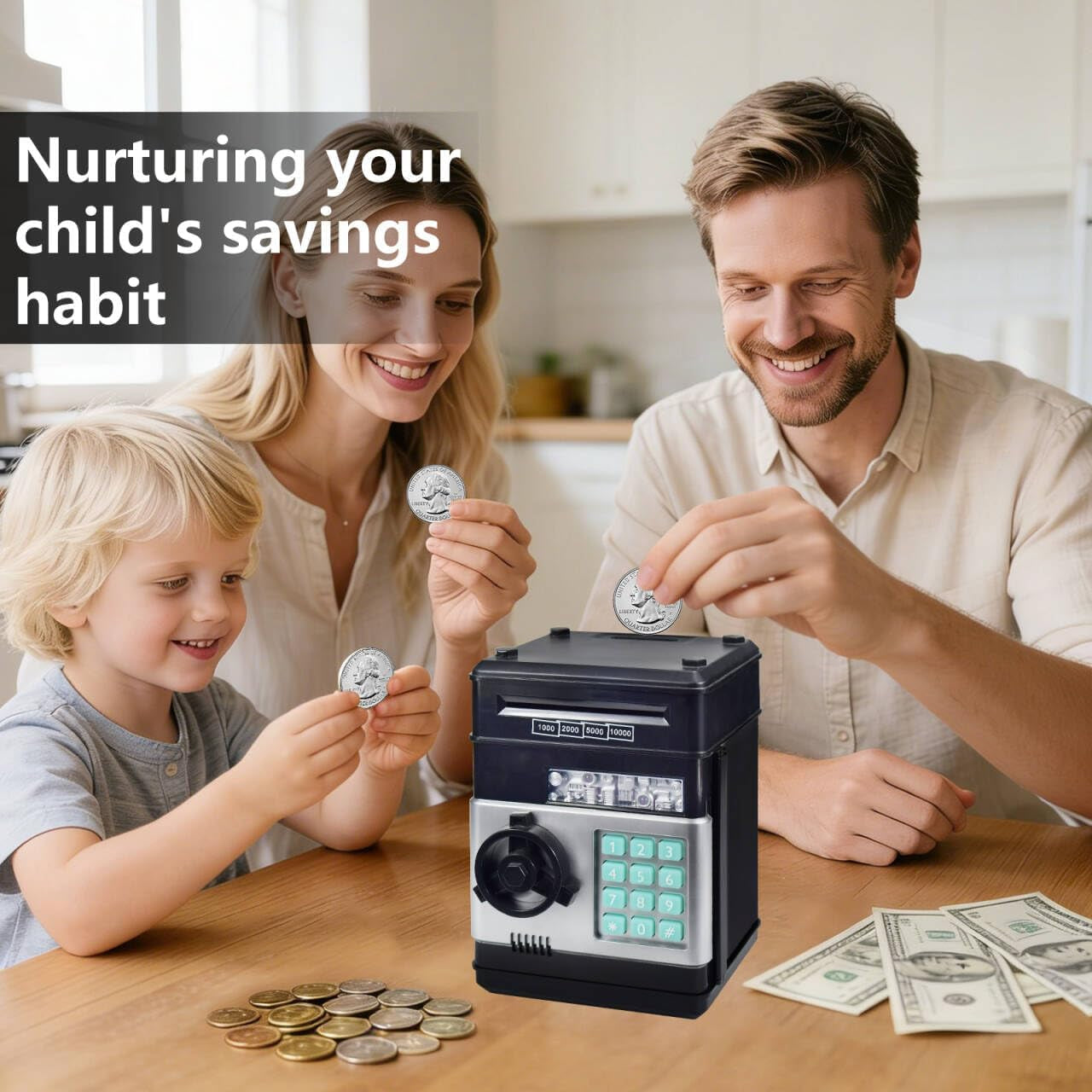 Piggy Bank for Kids, ATM Electronic Password Cash Coin Bank, Money Saving Box for Kids, Boys Girls Birthday Gift (Black)