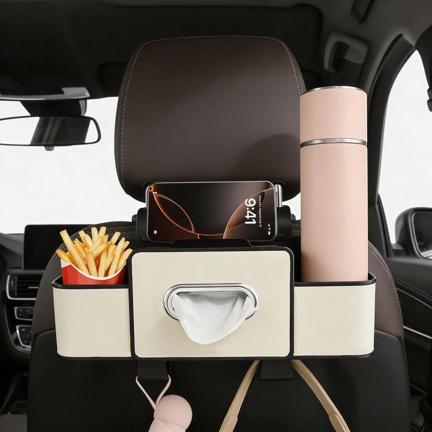 Back Seat Car Organizer, 4+2 in 1 Multifunctional Car Backseat Storage Box with 4 Cup Holders Tissue Box Hook, Car Interior Storage for Travel Phones Snacks Drinks(Beige)