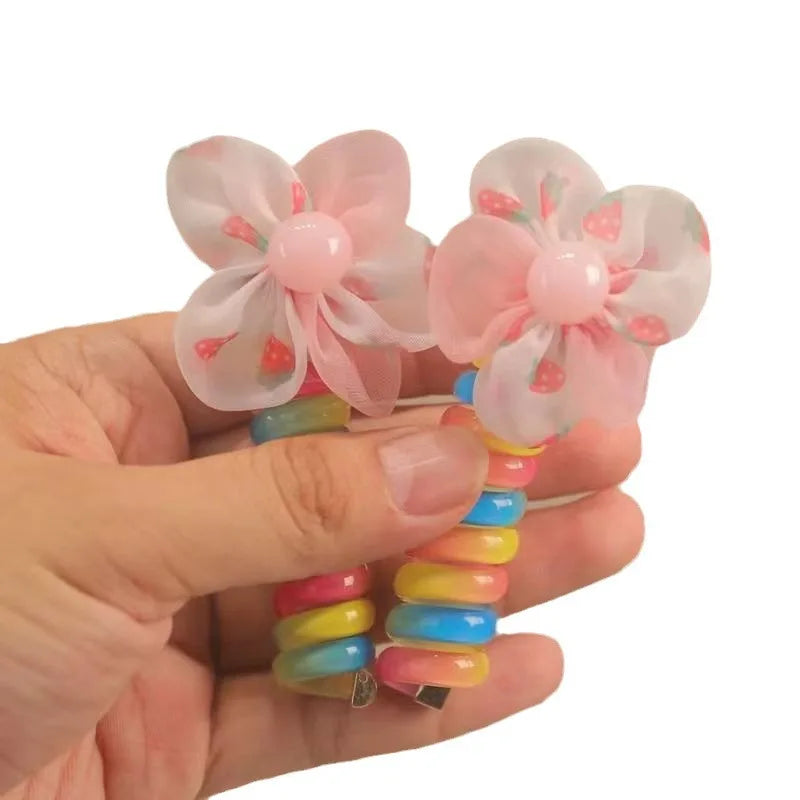 Set of 2 Spiral Hair Ties for Kids – Rainbow Colored Coiled Hair Elastics with Cute Cartoon Designs, Gentle on Hair