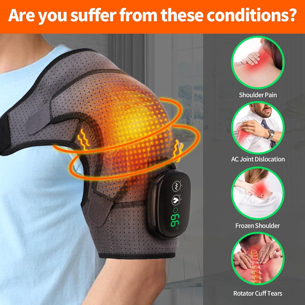 Cordless Heated Shoulder Brace Wrap, Heating Pad with Massage, 3 Heat & Vibration, 5000Mah Battery Powered, Shoulder Massager for Men Women