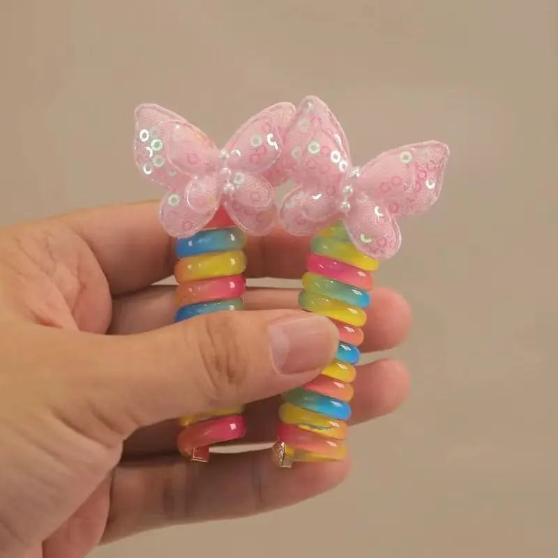 Set of 2 Spiral Hair Ties for Kids – Rainbow Colored Coiled Hair Elastics with Cute Cartoon Designs, Gentle on Hair