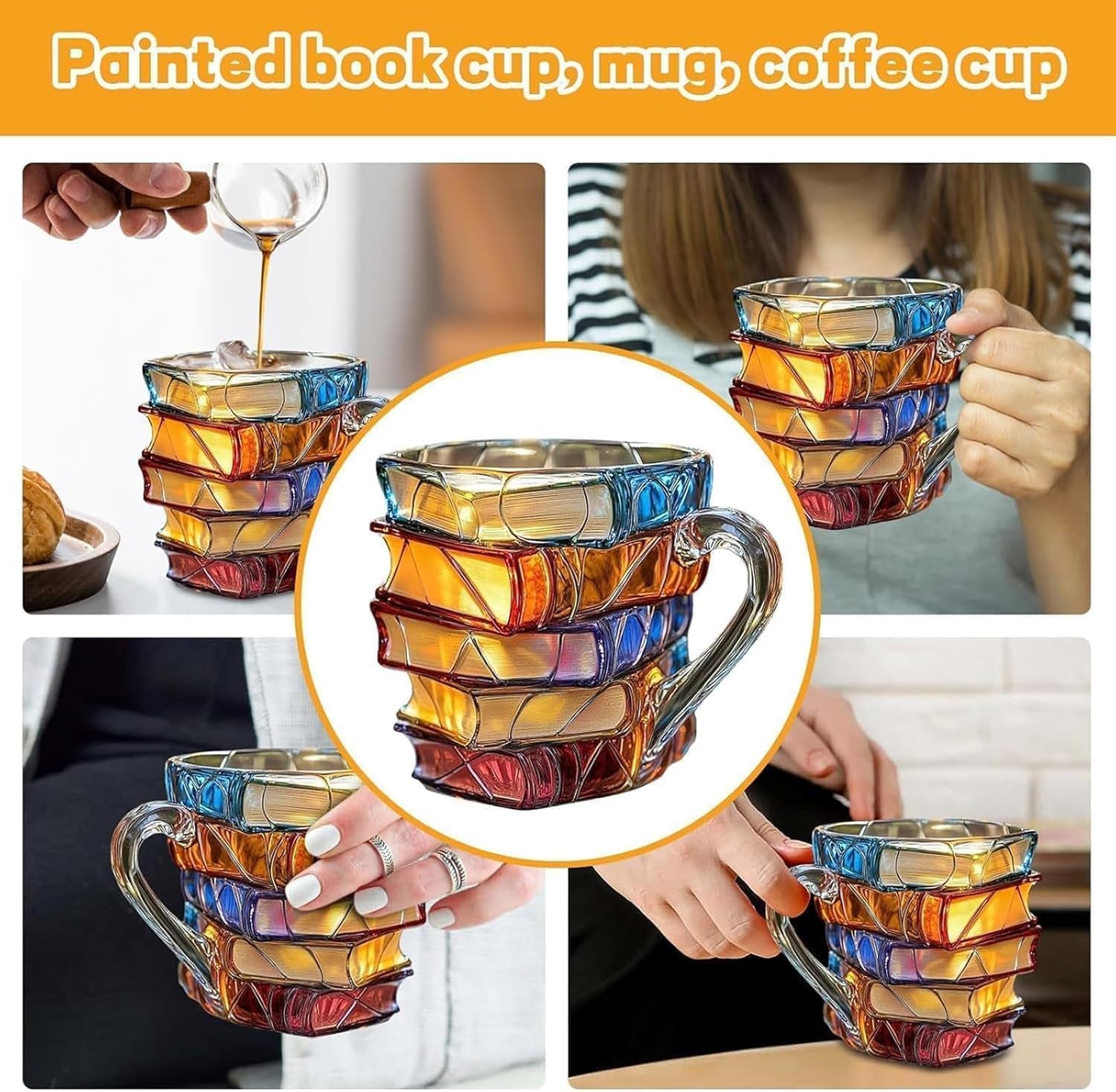 Painted Book Mug Novelty Coffee Mugs,, 3D Painted , Novelty Unique Books Coffee Cup, Painted Glass Coffee Cup Gift for Readers