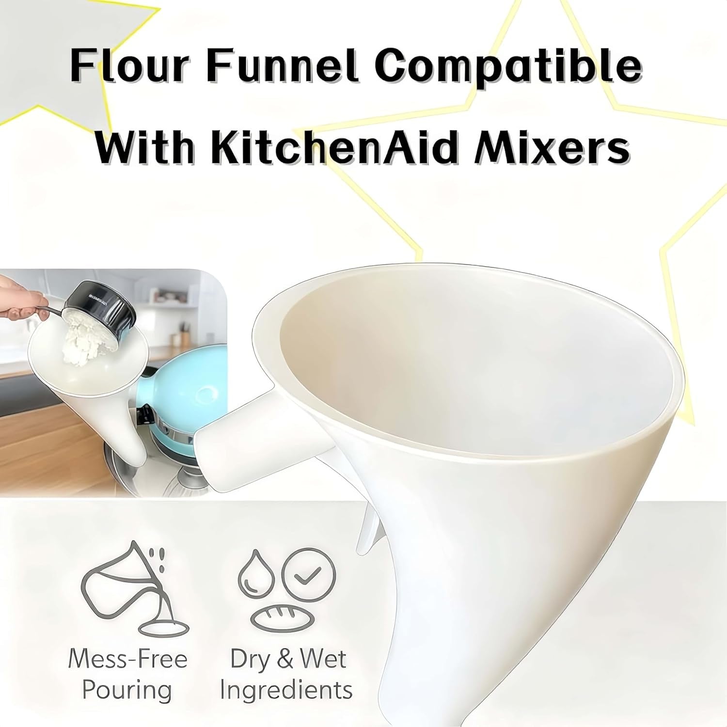 Flour Funnel for Kitchenaid Mixer 5 Qt, Anti-Splash Attachment for Tilt-Head Stand Mixer 4.5 & 5 Quart (KSM150), Dishwasher Safe No-Mess Baking Tool, Easy Pour Accessory (Black)