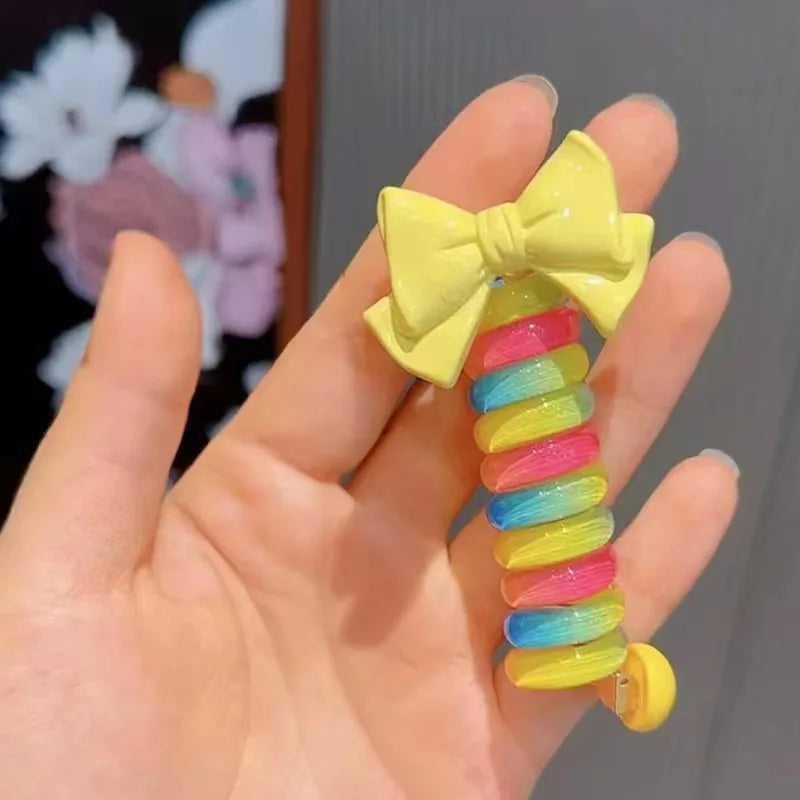 Set of 2 Spiral Hair Ties for Kids – Rainbow Colored Coiled Hair Elastics with Cute Cartoon Designs, Gentle on Hair