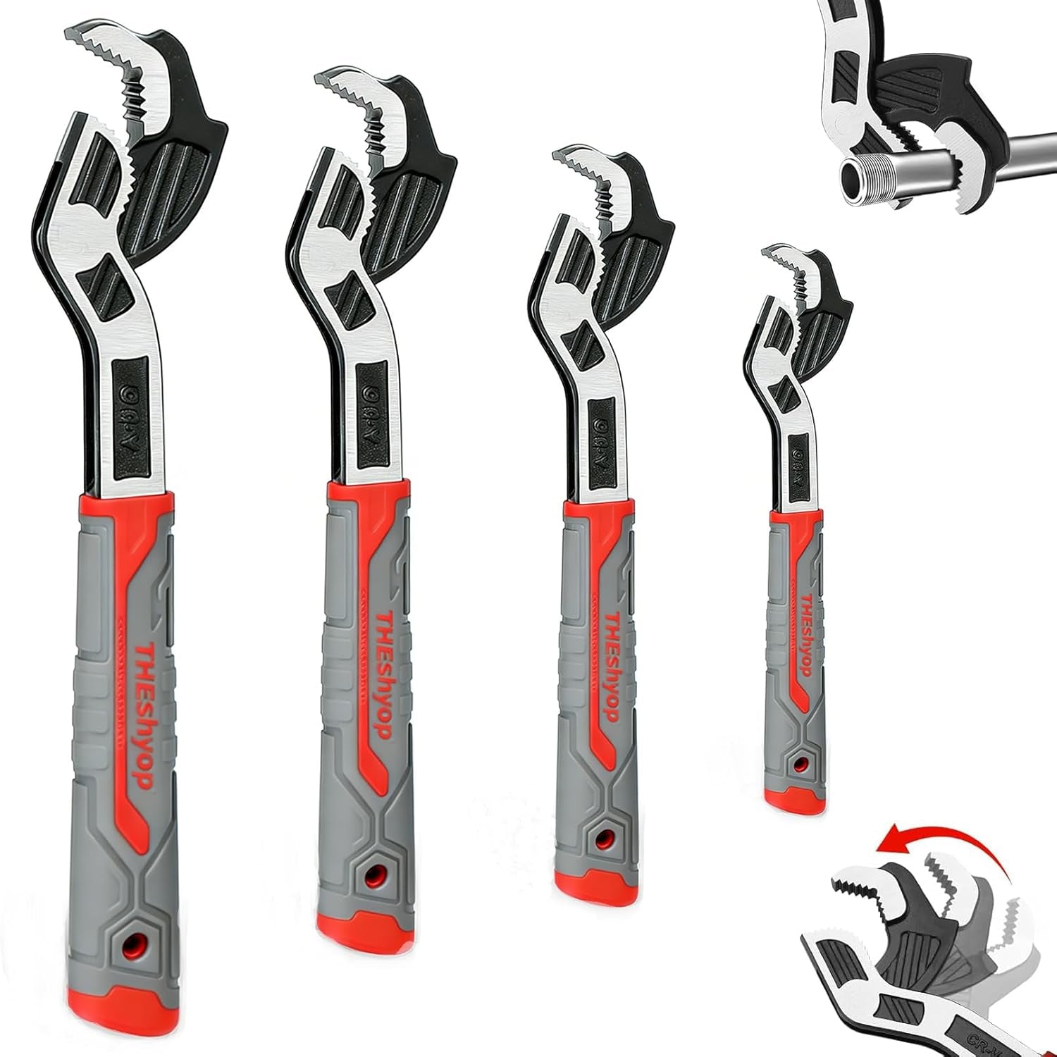 Self Adjusting Pipe Wrench, 4 Pcs Self Locking Wrench, 6 8 10 12 Inch Pipe Wrench Set, Plumbing Wrench for 0.27“-1.7”(7-43Mm) Pipe Fittings and Nuts, Chrome Vanadium Alloy Steel