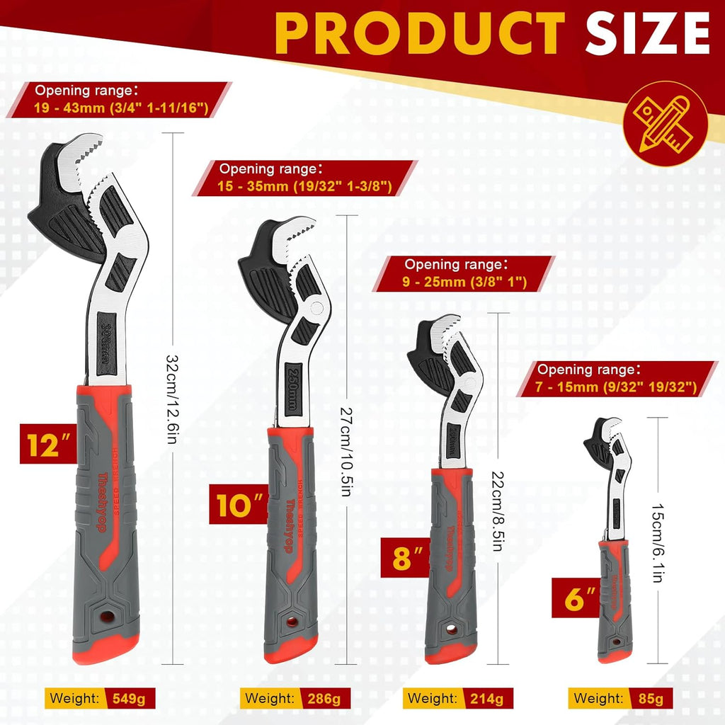 Self Adjusting Pipe Wrench, 4 Pcs Self Locking Wrench, 6 8 10 12 Inch Pipe Wrench Set, Plumbing Wrench for 0.27“-1.7”(7-43Mm) Pipe Fittings and Nuts, Chrome Vanadium Alloy Steel