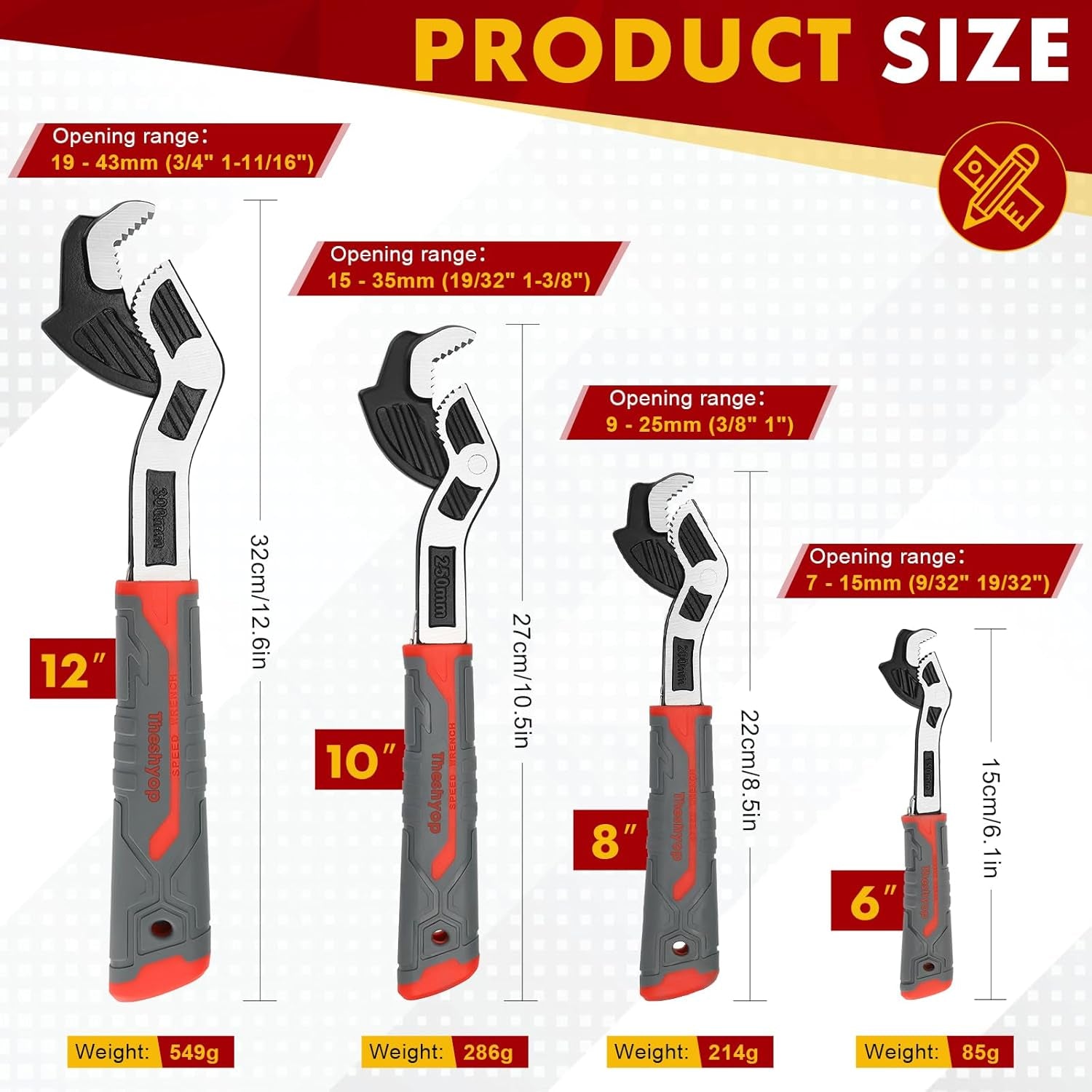 Self Adjusting Pipe Wrench, 4 Pcs Self Locking Wrench, 6 8 10 12 Inch Pipe Wrench Set, Plumbing Wrench for 0.27“-1.7”(7-43Mm) Pipe Fittings and Nuts, Chrome Vanadium Alloy Steel