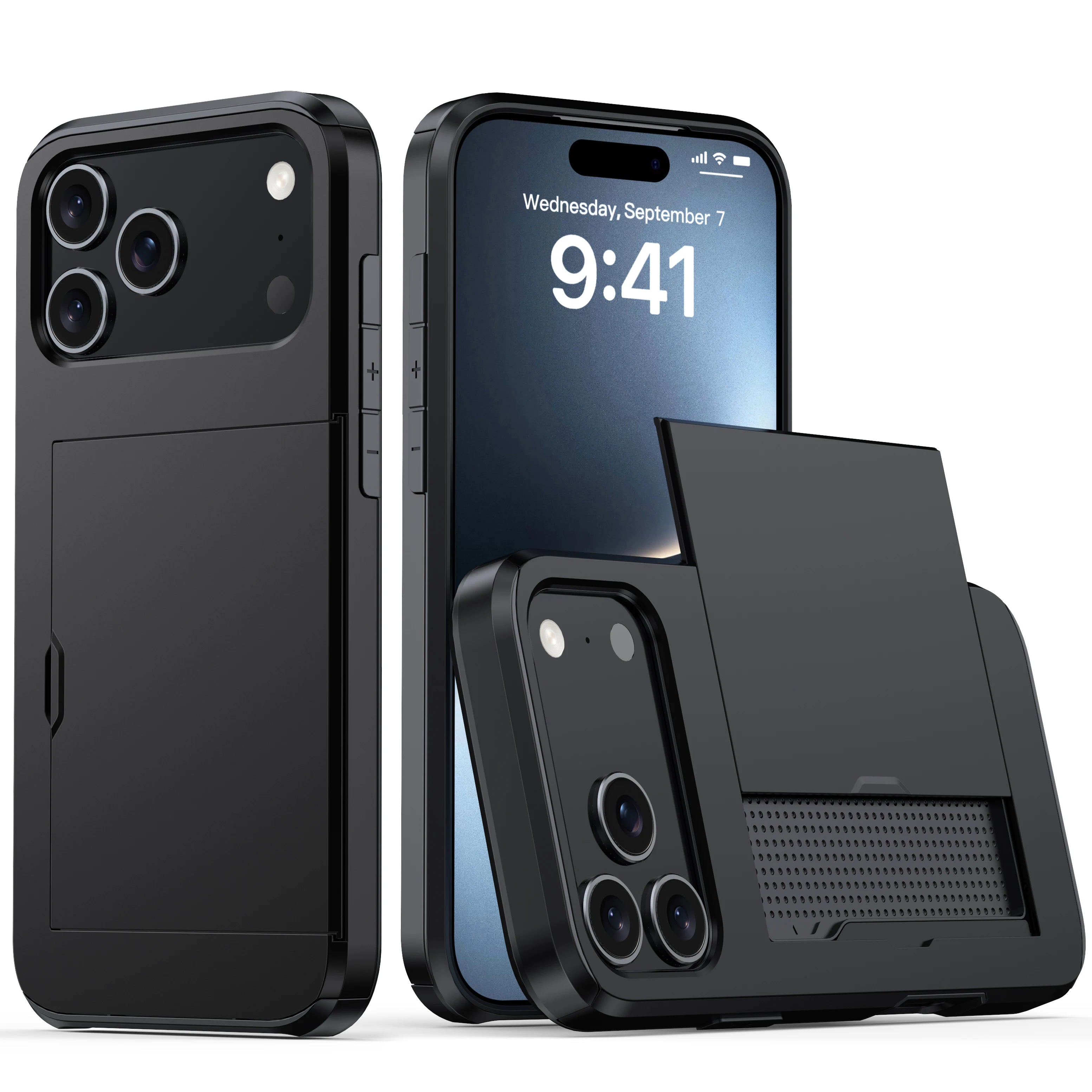 Case for Iphone 17 Pro Max 16 Pro Max 15 Pro 17E 14 13 12 Wallet Card Holder Slide Slot Slim Hard PC Heavy Duty Protective Cover