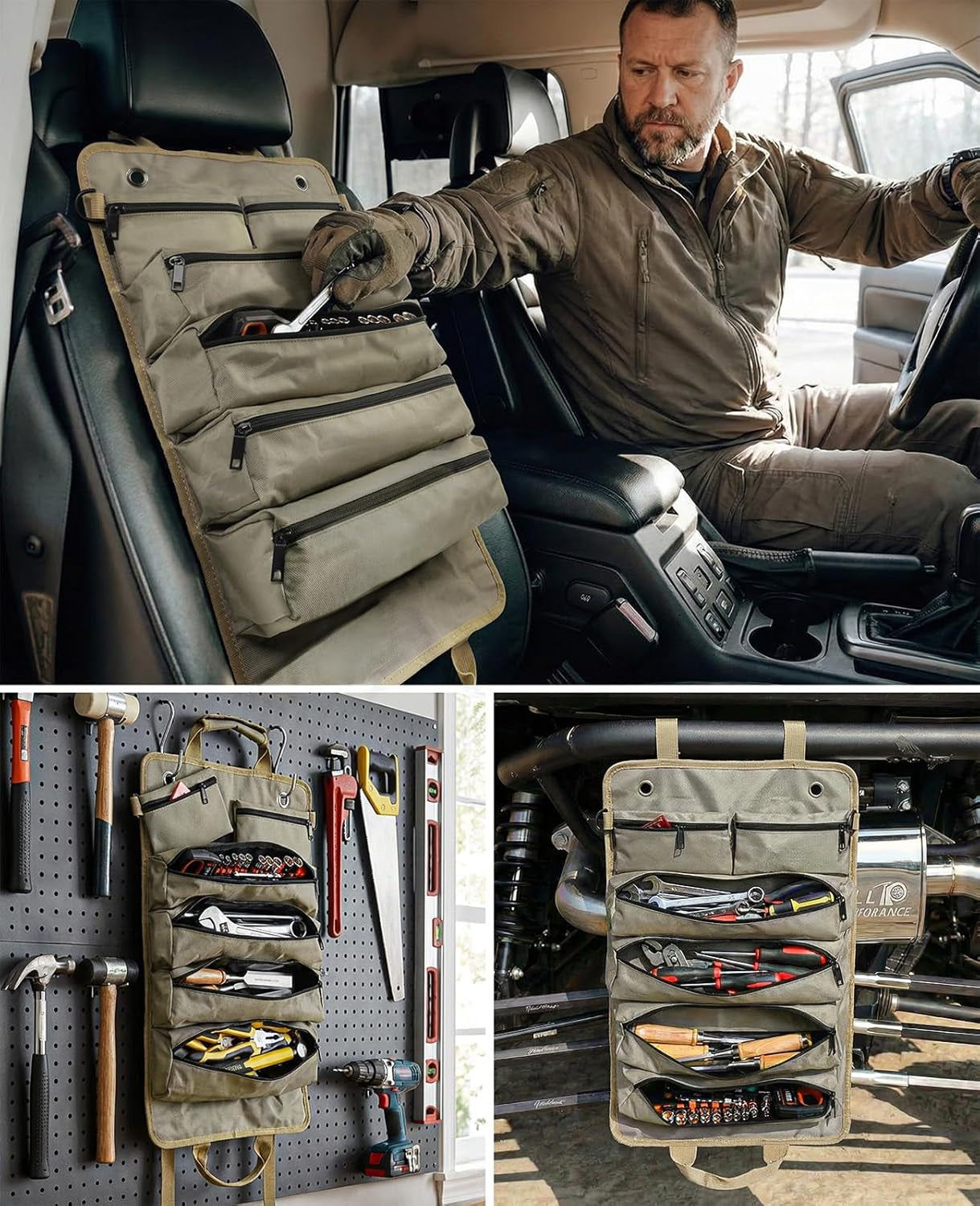 Tool Roll up Bag, 1680D Heavy Duty Tool Bag Organizer with 2 Detachable Tool Pouches & Multiple Pockets, Waterproof Motorcycle Tool Roll for Mechanic & Electrician, Gift for Men Him Dad, 21.9"*14.2"