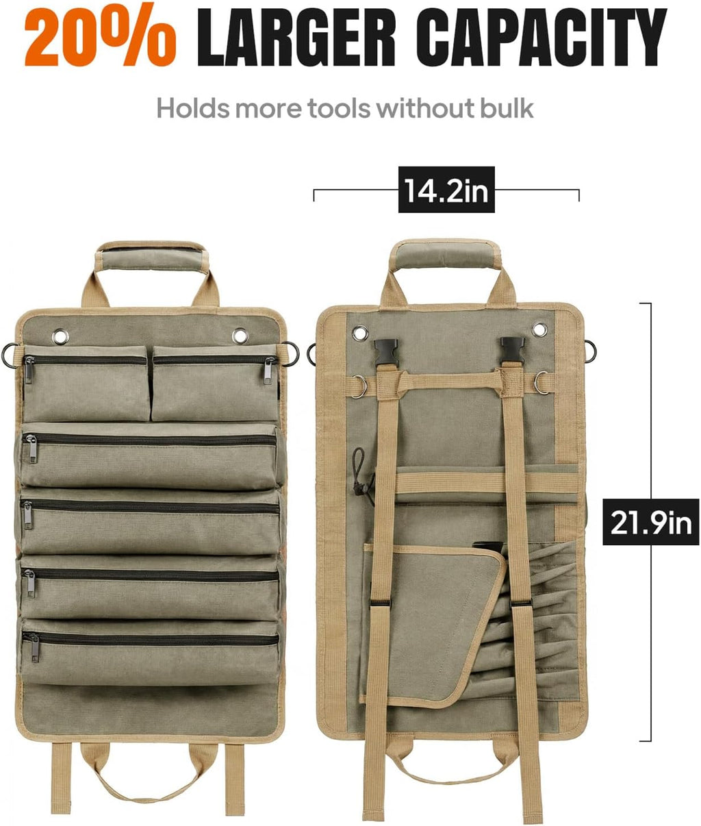 Tool Roll up Bag, 1680D Heavy Duty Tool Bag Organizer with 2 Detachable Tool Pouches & Multiple Pockets, Waterproof Motorcycle Tool Roll for Mechanic & Electrician, Gift for Men Him Dad, 21.9"*14.2"