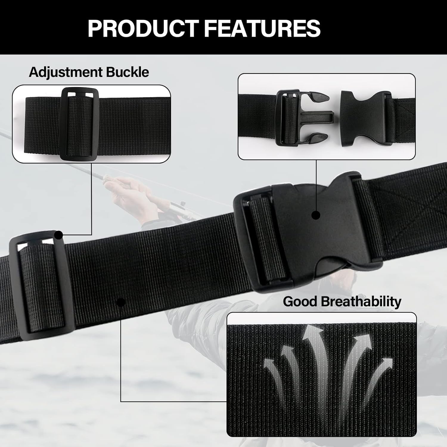 Fishing Wading Belt Rod Holder Adjustable Wader Waist Belt for Fly Surf Casting Spinning Pole Fishing Tool Tackle (Black)