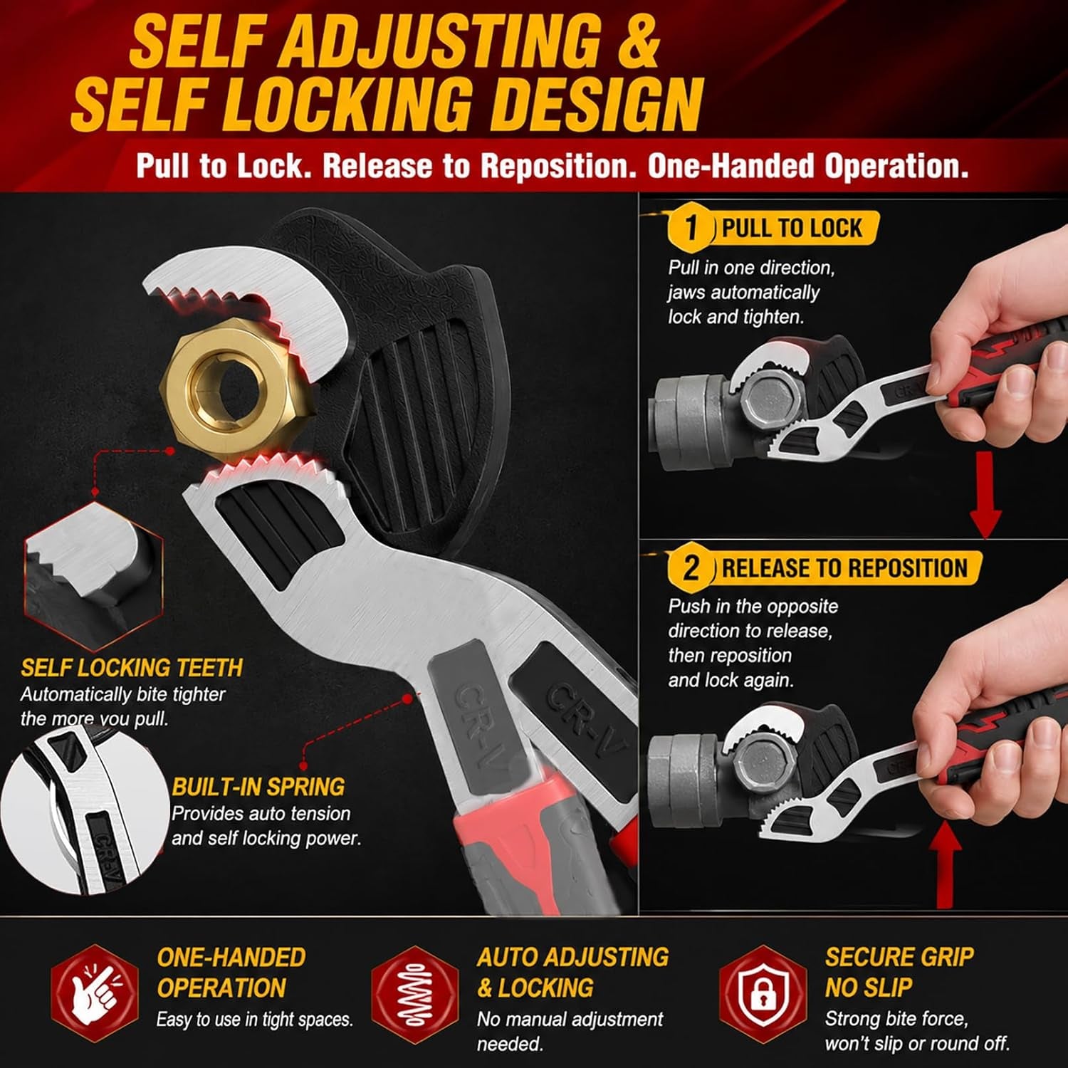 Self Adjusting Pipe Wrench, 4 Pcs Self Locking Wrench, 6 8 10 12 Inch Pipe Wrench Set, Plumbing Wrench for 0.27“-1.7”(7-43Mm) Pipe Fittings and Nuts, Chrome Vanadium Alloy Steel