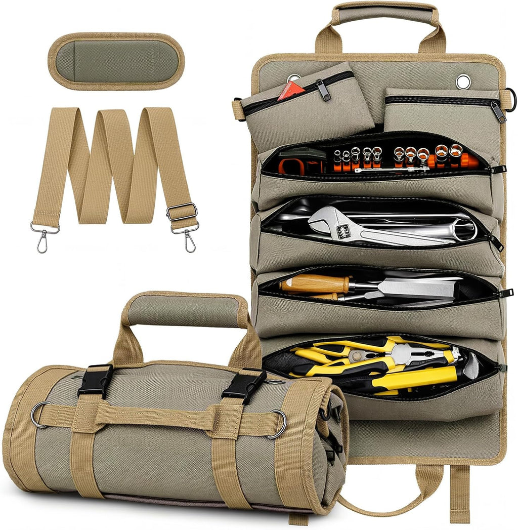 Tool Roll up Bag, 1680D Heavy Duty Tool Bag Organizer with 2 Detachable Tool Pouches & Multiple Pockets, Waterproof Motorcycle Tool Roll for Mechanic & Electrician, Gift for Men Him Dad, 21.9"*14.2"
