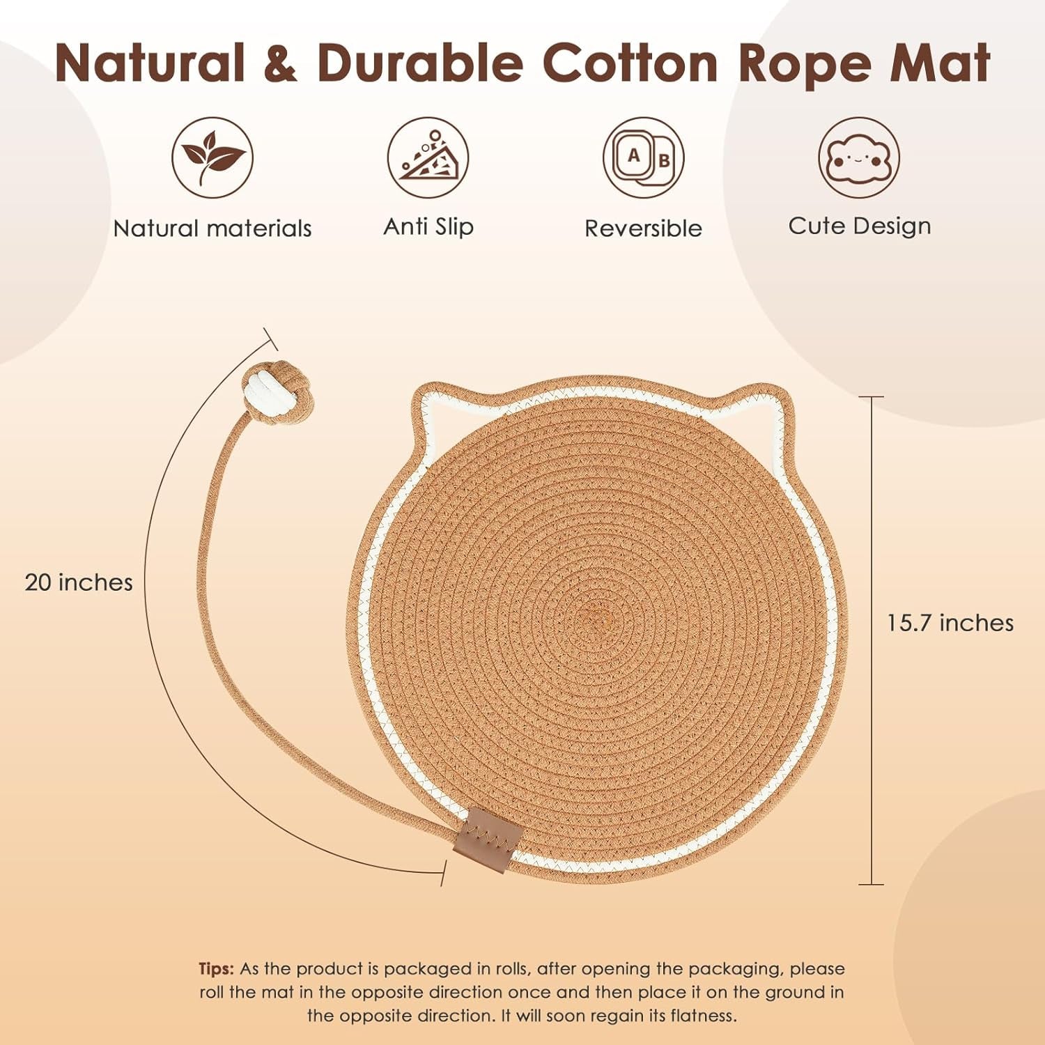 Cat Scratcher Mat, Natural Cotton Rope Cat Scratch Pad, 15.7'' round Horizontal Floor Cat Scratching Pads for Indoor Cats, Cat Furniture Protector for Wall, Couch, Carpets, Sofas