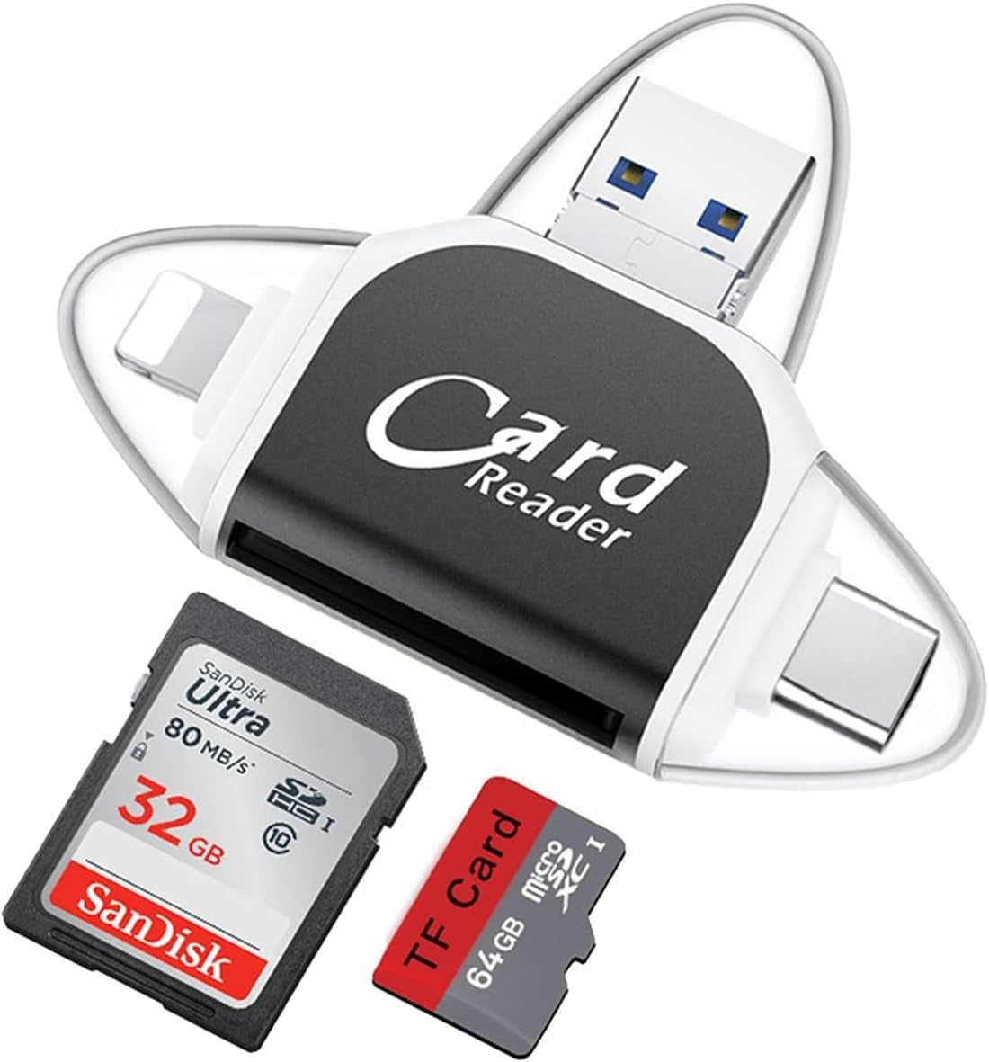 Multi-Port 4 In1 Universal SD TF Card Reader, USB C SD TF Memory Card Reader, Memory Card Reader Multiport Adapter (Black)