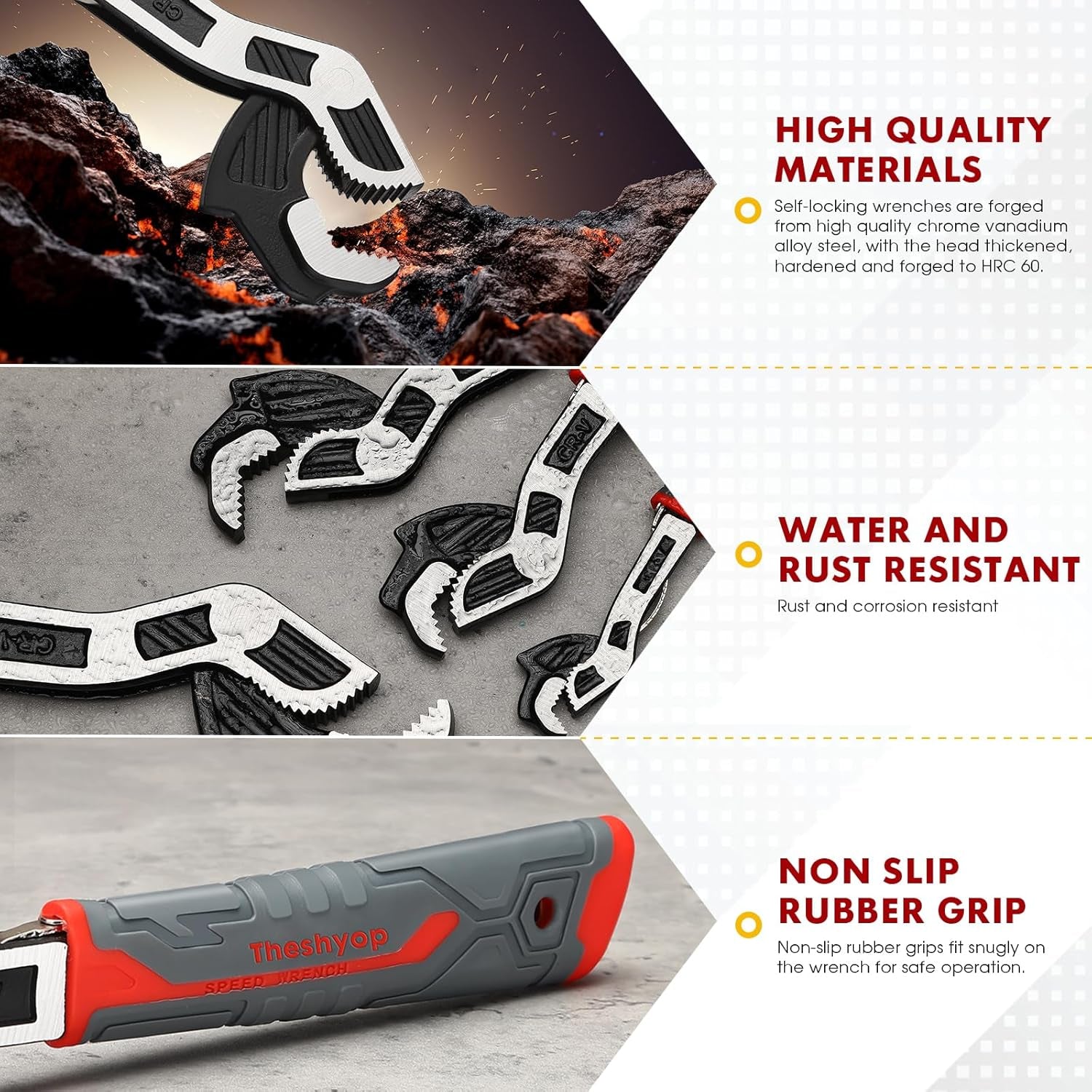 Self Adjusting Pipe Wrench, 4 Pcs Self Locking Wrench, 6 8 10 12 Inch Pipe Wrench Set, Plumbing Wrench for 0.27“-1.7”(7-43Mm) Pipe Fittings and Nuts, Chrome Vanadium Alloy Steel