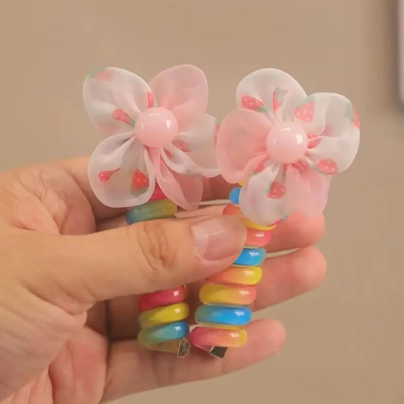 Set of 2 Spiral Hair Ties for Kids – Rainbow Colored Coiled Hair Elastics with Cute Cartoon Designs, Gentle on Hair