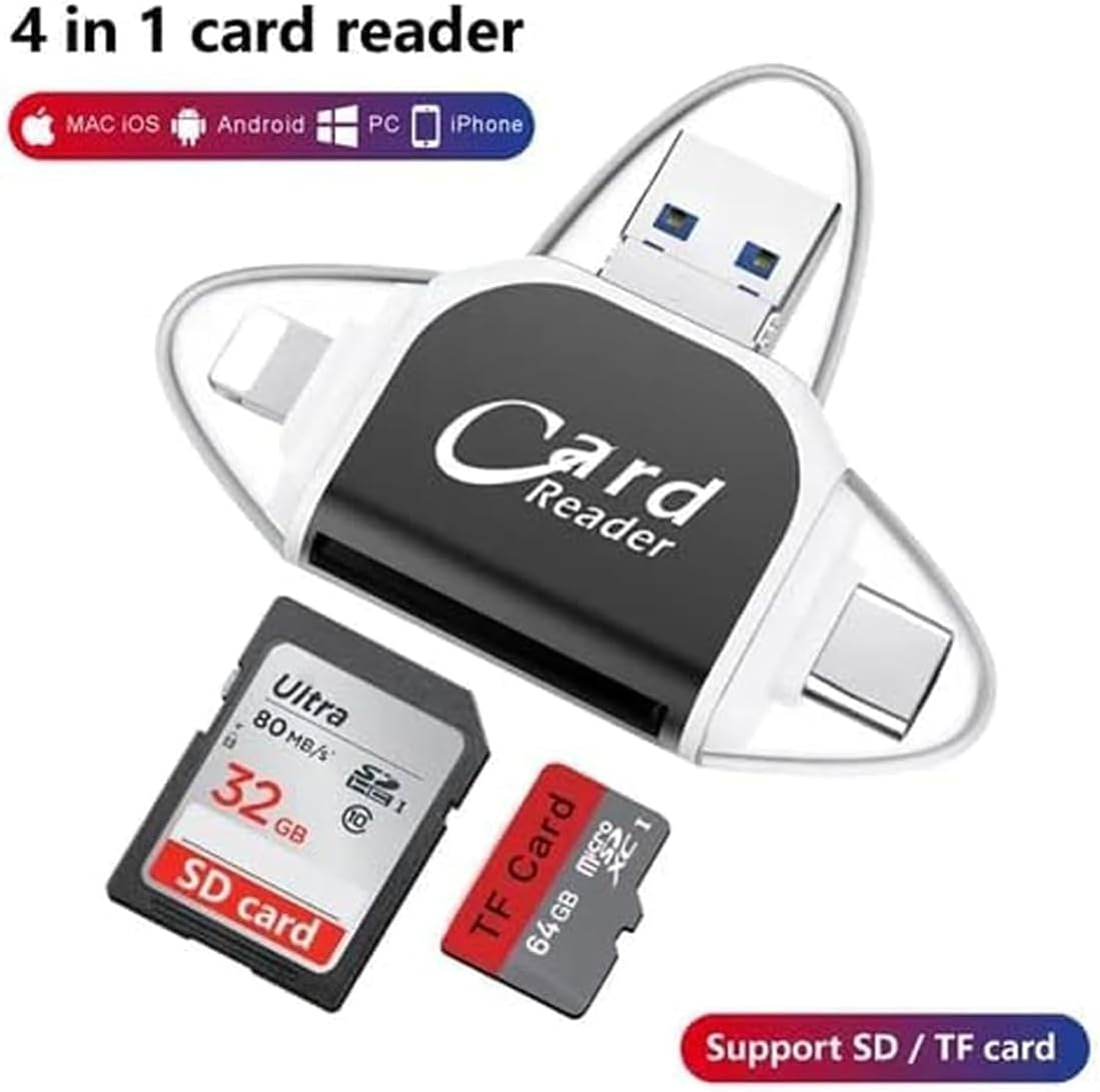 Multi-Port 4 In1 Universal SD TF Card Reader, USB C SD TF Memory Card Reader, Memory Card Reader Multiport Adapter (Black)