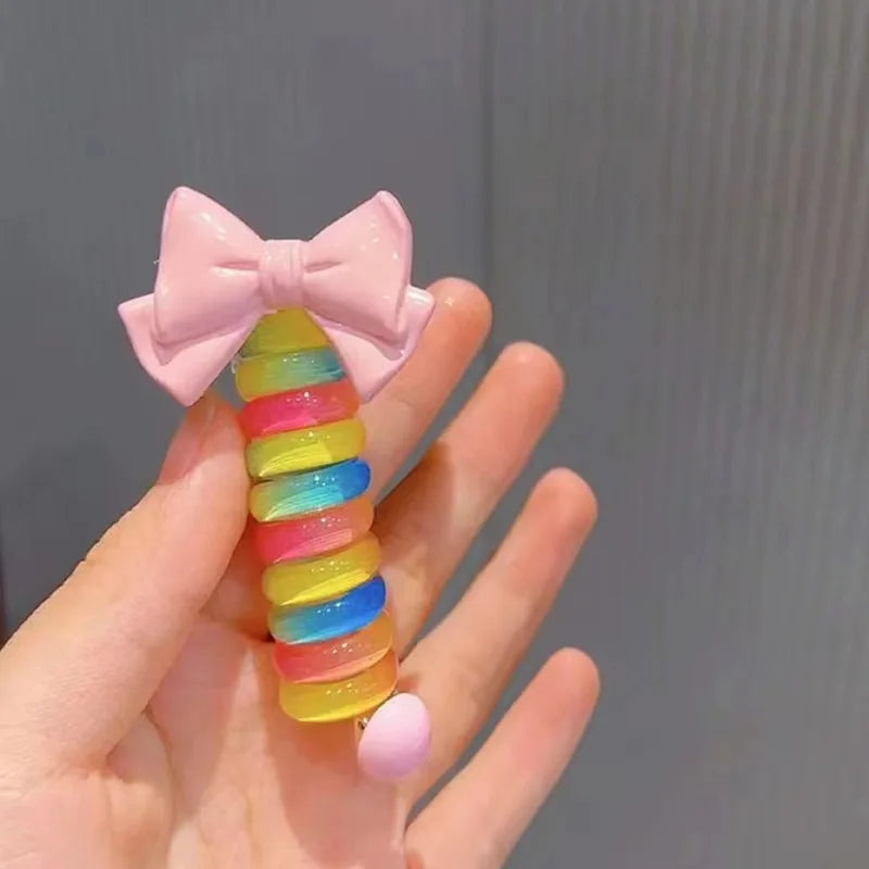 Set of 2 Spiral Hair Ties for Kids – Rainbow Colored Coiled Hair Elastics with Cute Cartoon Designs, Gentle on Hair