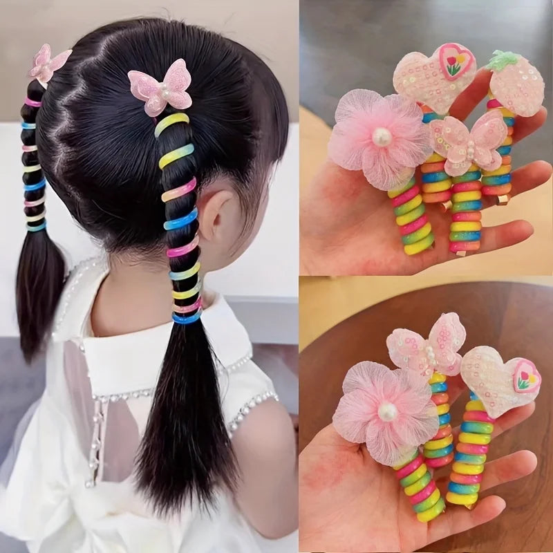 Set of 2 Spiral Hair Ties for Kids – Rainbow Colored Coiled Hair Elastics with Cute Cartoon Designs, Gentle on Hair