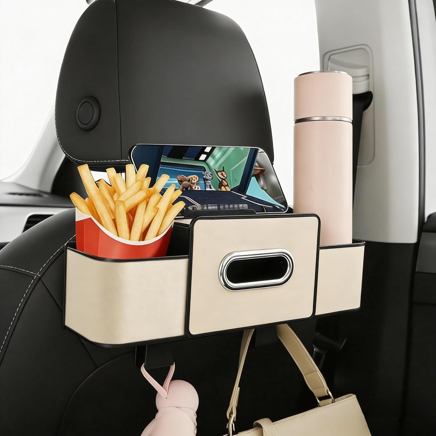 Back Seat Car Organizer, 4+2 in 1 Multifunctional Car Backseat Storage Box with 4 Cup Holders Tissue Box Hook, Car Interior Storage for Travel Phones Snacks Drinks(Beige)